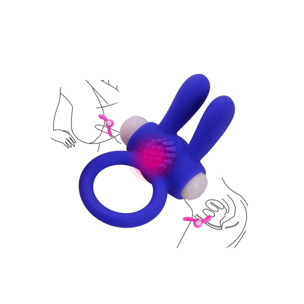 Anneau vibrant silicone bleu avec oreilles de lapin 